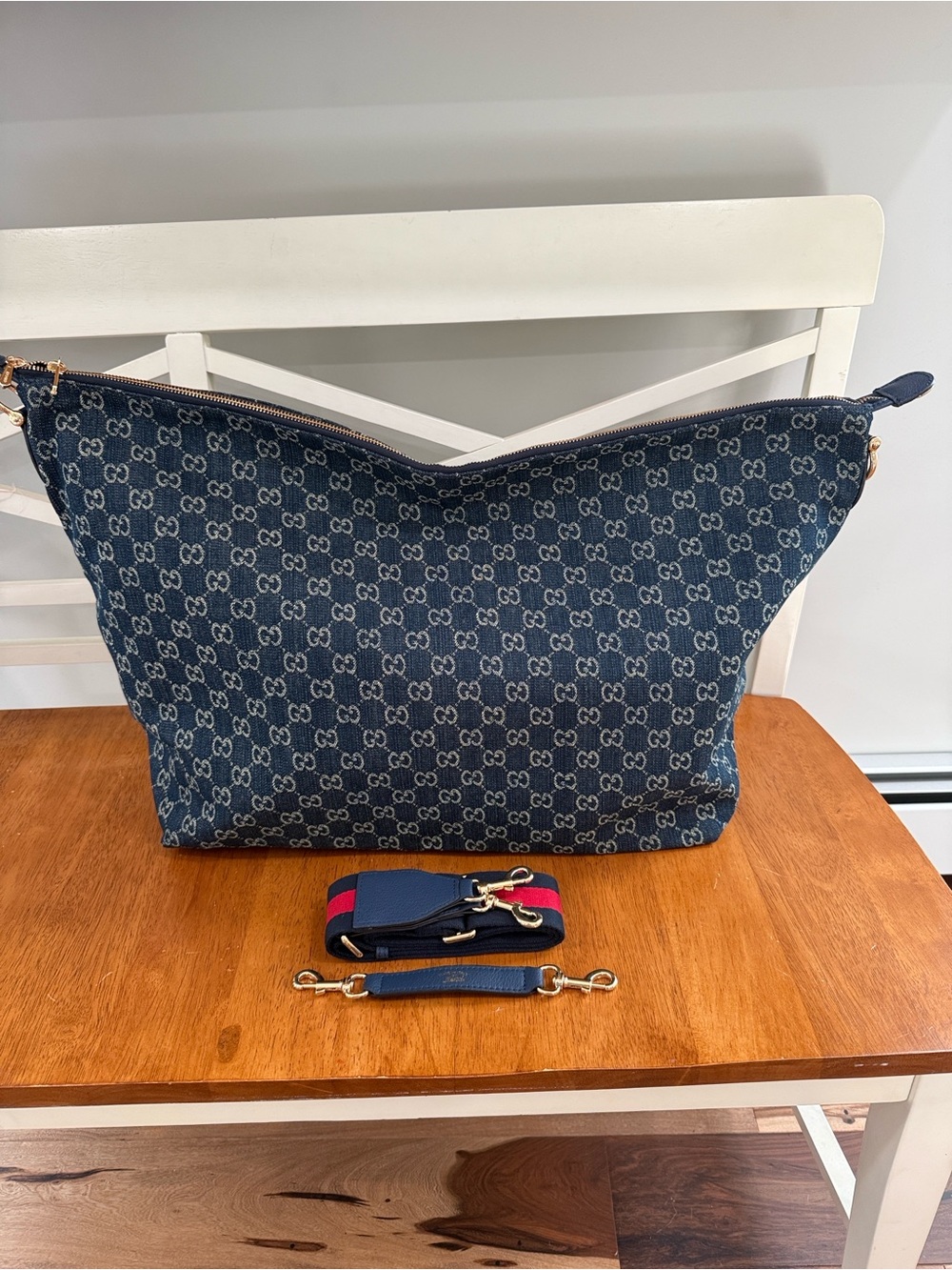 Designer-Inspired Navy Monogram Shoulder Bag with Stripe Strap